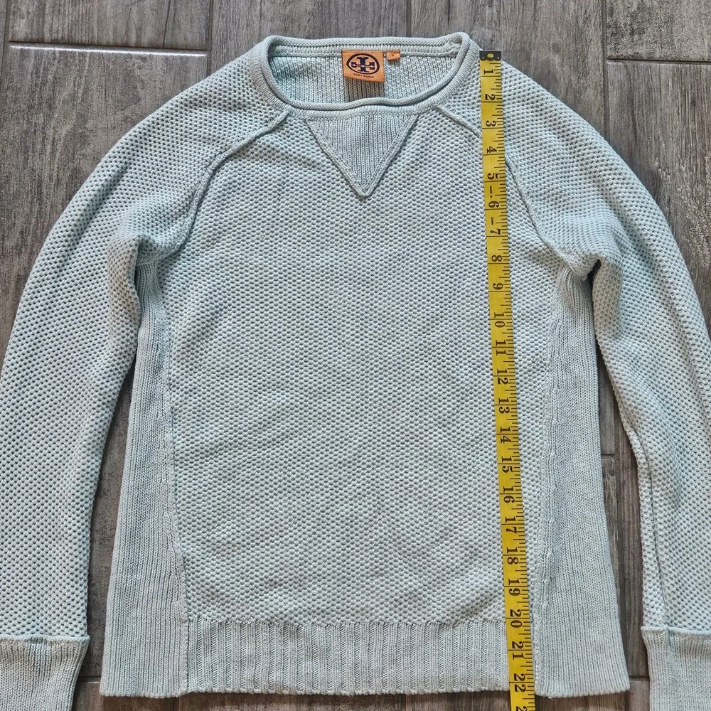 Tory Burch Waffle Knit Sweater Size S Light Blue Raglan Sleeve Crew Neck Preppy